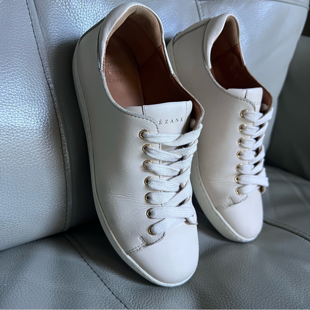 SEZANE Women’s Leather Sneakers EU 35 US Sz 5 Jack Trainers Beige Lace Up Chic - Picture 3 of 17